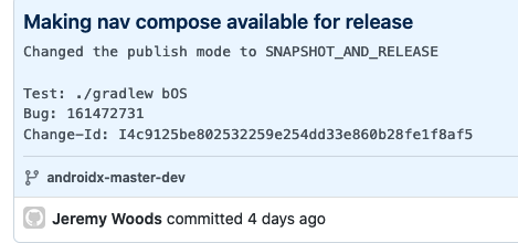 GitHub screenshot of Jetpack Compose Navigation available for release commit